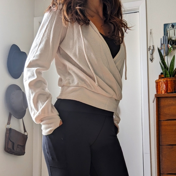 CycleBar Thrive Societe Waffle Knit Open Front Hooded Pullover - Picture 5 of 9